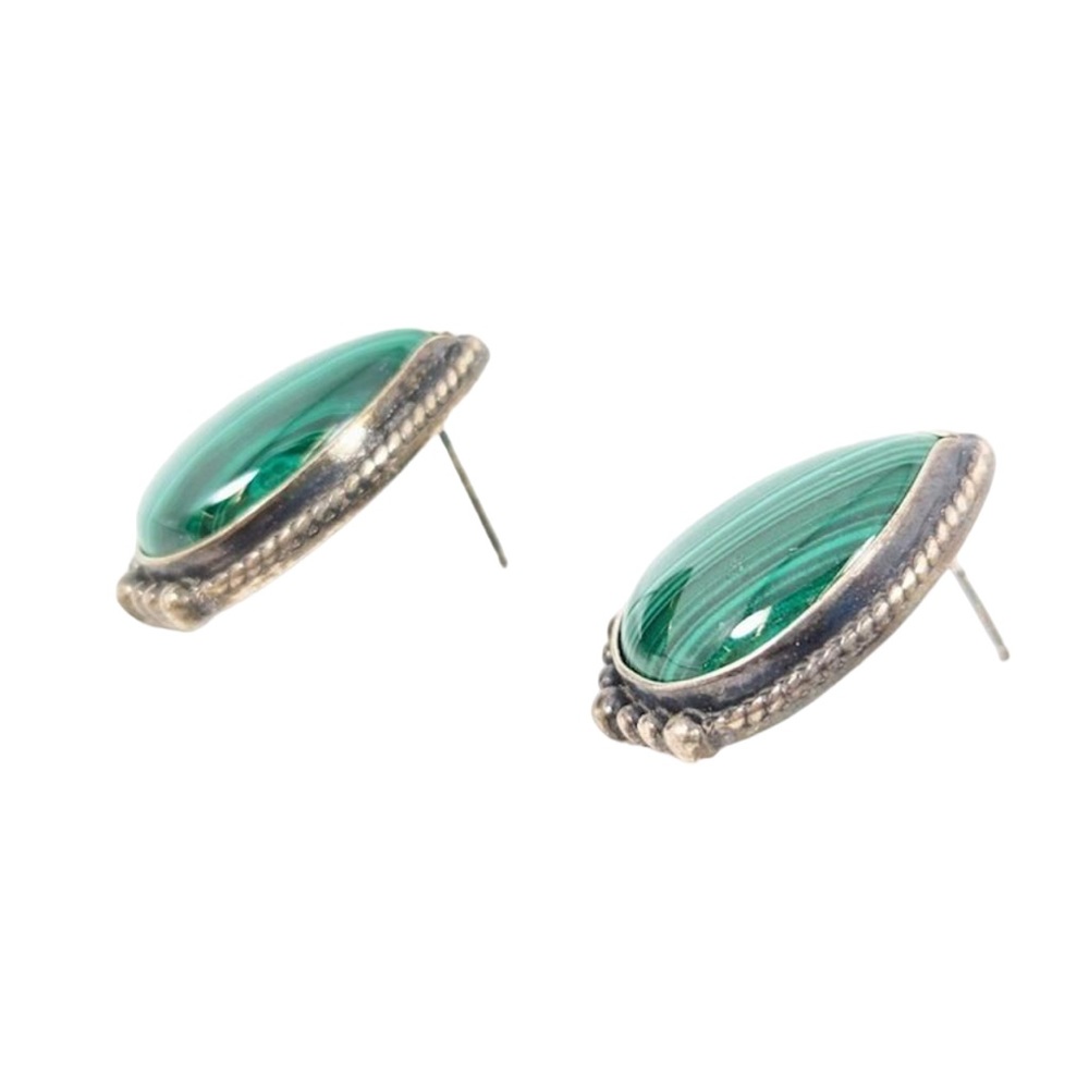 Malachite Pear Shape Sterling Post Earrings Southwest Style Signed “S” EUC - Picture 2 of 5